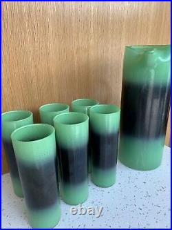 VTG BLENDO PITCHER With 6 TUMBLERS GREEN AND BLACK FROSTED BARWARE RETRO MCM USA