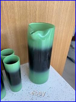 VTG BLENDO PITCHER With 6 TUMBLERS GREEN AND BLACK FROSTED BARWARE RETRO MCM USA