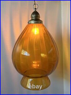 Vintage Amber Swag Lamp MID Century Glass Chandelier Light Fixture Ceiling Retro