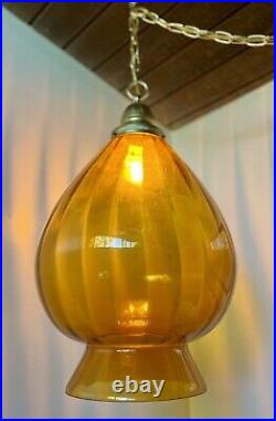 Vintage Amber Swag Lamp MID Century Glass Chandelier Light Fixture Ceiling Retro