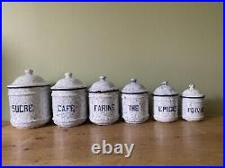 Vintage French Enamel Kitchen Storage Canisters, Snow In The Mountain, White