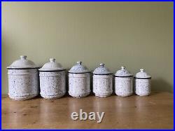 Vintage French Enamel Kitchen Storage Canisters, Snow In The Mountain, White