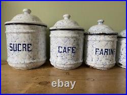 Vintage French Enamel Kitchen Storage Canisters, Snow In The Mountain, White