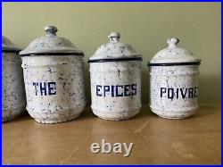 Vintage French Enamel Kitchen Storage Canisters, Snow In The Mountain, White