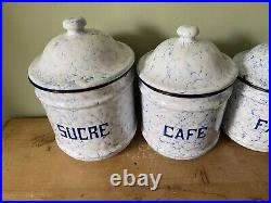 Vintage French Enamel Kitchen Storage Canisters, Snow In The Mountain, White