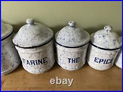 Vintage French Enamel Kitchen Storage Canisters, Snow In The Mountain, White