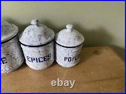 Vintage French Enamel Kitchen Storage Canisters, Snow In The Mountain, White