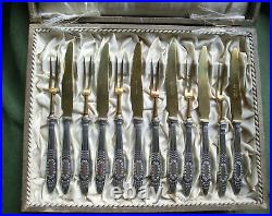 Vintage Gilt Pastry Forks Dessert Cutlery Set Fitted Case German Stahl-bronce