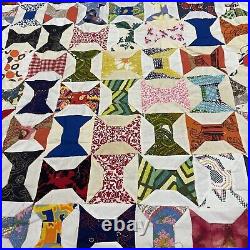 Vintage Hand-Pieced Hand-Sewn Quilt Spool/Bowtie Retro Mcm Style