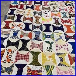 Vintage Hand-Pieced Hand-Sewn Quilt Spool/Bowtie Retro Mcm Style