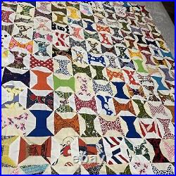 Vintage Hand-Pieced Hand-Sewn Quilt Spool/Bowtie Retro Mcm Style