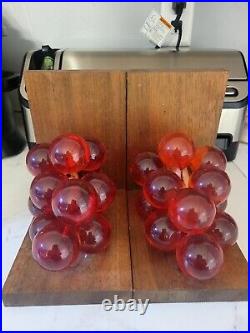 Vintage Lucite Grapes Bookends MCM 60s Red/orange Mid-century Modern Wood Retro