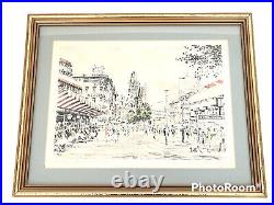 Vintage MCM Retro Berlin Kurfürstendamm Cityscape Sketch Watercolor Print Signed