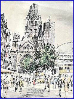 Vintage MCM Retro Berlin Kurfürstendamm Cityscape Sketch Watercolor Print Signed