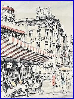 Vintage MCM Retro Berlin Kurfürstendamm Cityscape Sketch Watercolor Print Signed