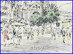 Vintage MCM Retro Berlin Kurfürstendamm Cityscape Sketch Watercolor Print Signed