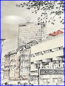 Vintage MCM Retro Berlin Kurfürstendamm Cityscape Sketch Watercolor Print Signed