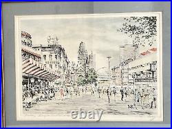 Vintage MCM Retro Berlin Kurfürstendamm Cityscape Sketch Watercolor Print Signed