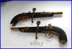 Vintage Retro 1960/70s Pair Of Brass & Wood Flintlock Muskets Wall Mounted