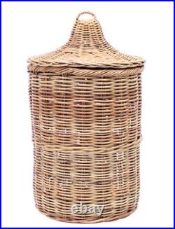 Vintage Retro Wicker Round Basket or Laundry Basket with Lid ca 19 70/80's