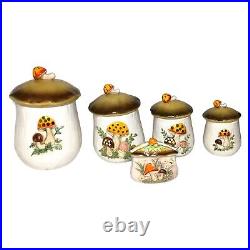 Vintage Sears & Roebuck Co Merry Mushroom 5 Piece Canister & Napkin Holder Set