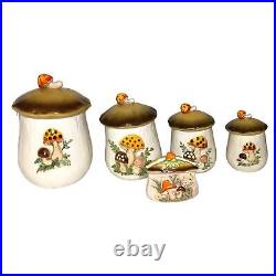 Vintage Sears & Roebuck Co Merry Mushroom 5 Piece Canister & Napkin Holder Set