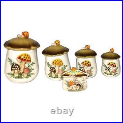 Vintage Sears & Roebuck Co Merry Mushroom 5 Piece Canister & Napkin Holder Set