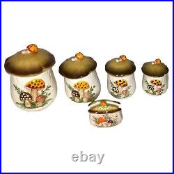 Vintage Sears & Roebuck Co Merry Mushroom 5 Piece Canister & Napkin Holder Set