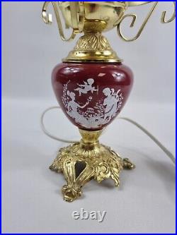 Vintage retro red gold table lamp cupid greece pattern apx 8 tall