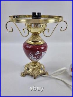 Vintage retro red gold table lamp cupid greece pattern apx 8 tall